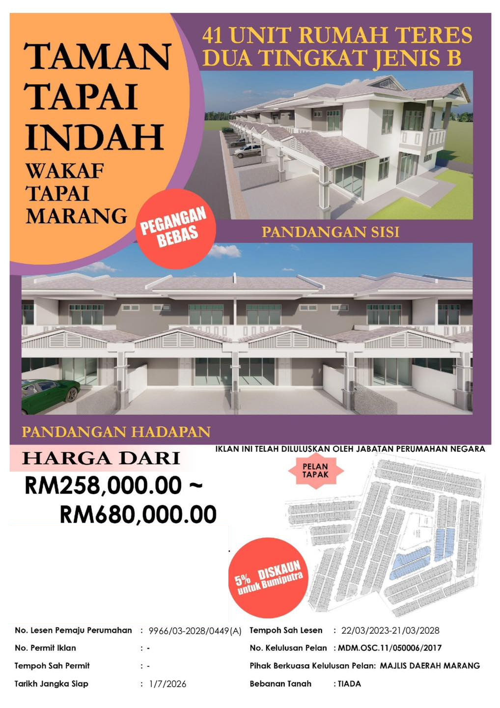 Rumah Teres 2 Tingkat Bawah 300k di Taman Tapai Indah Marang